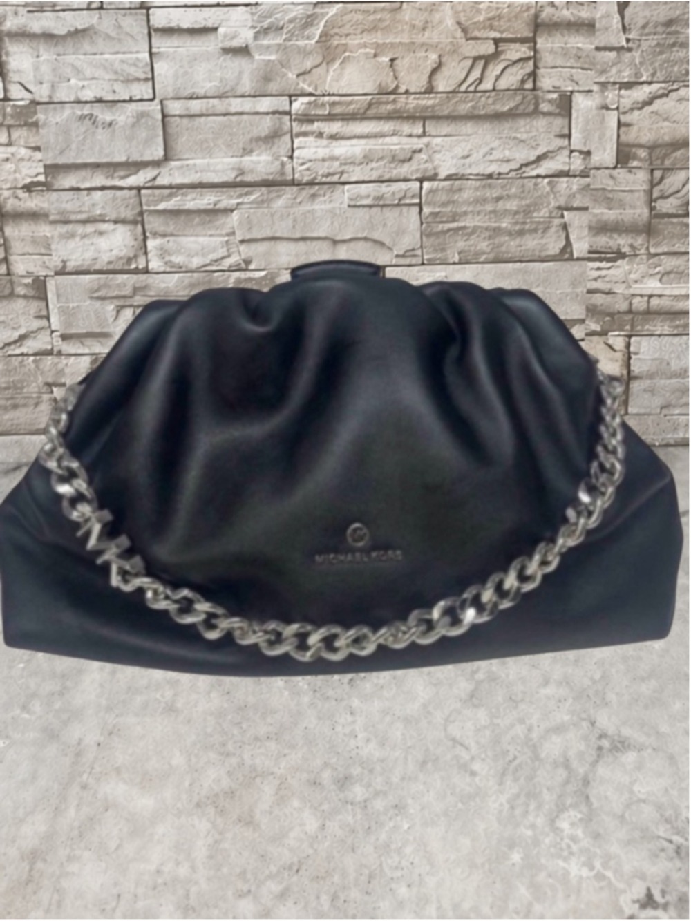 Michael Kors Nola XL Clutch Chain Shoulder Bag Black Plush Leather